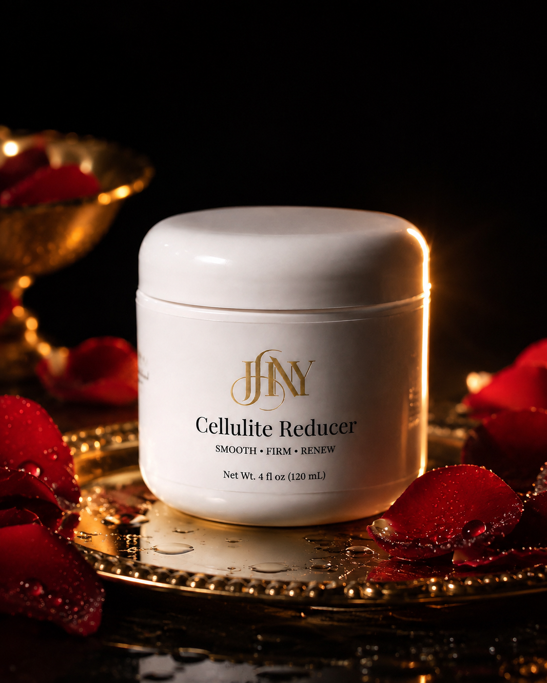 Body by JHNY Cellulite Reducer 4 fl oz jar in a luxury black-and-gold studio setting