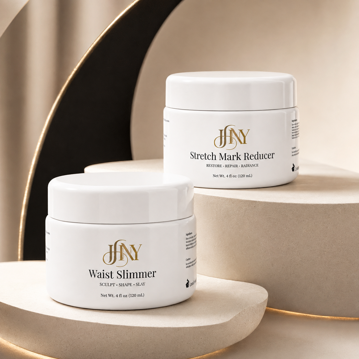 Body by JHNY Define After Dark duo with Waist Slimmer and Stretch Mark Reducer in an ivory, black, and gold studio setting
