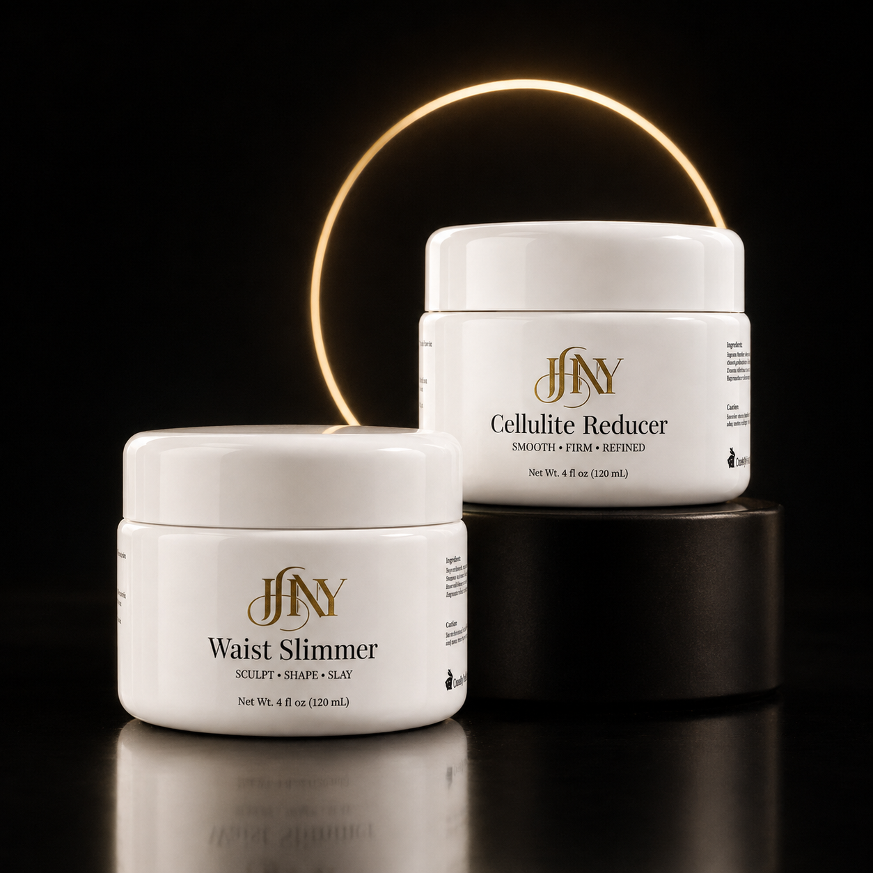 Body by JHNY Hourglass Duo with Waist Slimmer and Cellulite Reducer in a black and gold studio setting