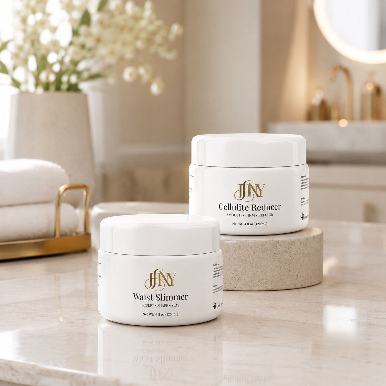 Body by JHNY Hourglass Duo with Waist Slimmer and Cellulite Reducer in a warm stone spa setting